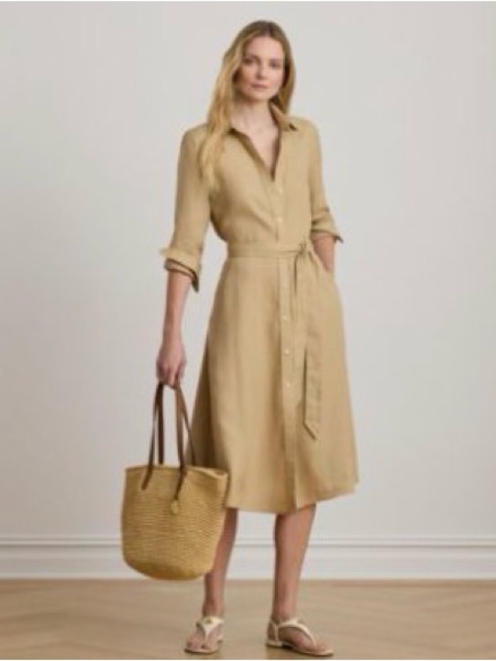 Ralph Lauren Birch Tan Button-Front Long Sleeve Shirt Dress